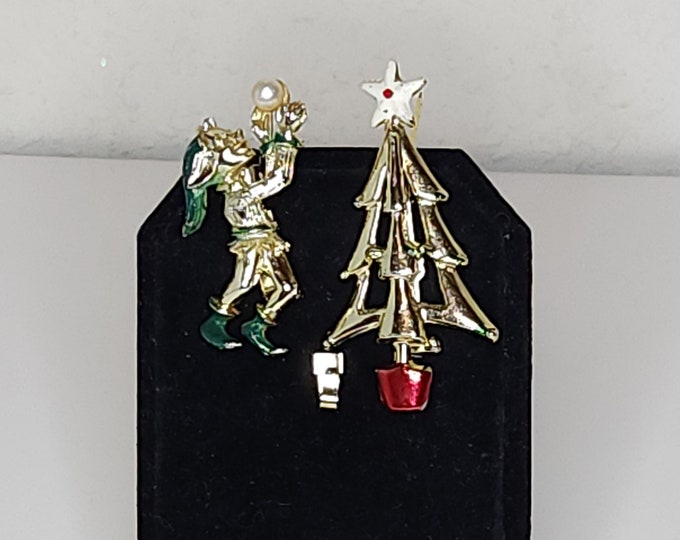 Vintage Set of Two Christmas Brooch Pins - Silver Tone Christmas Tree and Silver Tone Elf with Faux Pearl A-5-37