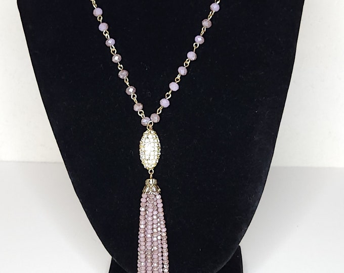 Vintage Purple AB Crystal Tassel and Pave Focal Bead Necklace 32 Inch A-7-16-JM