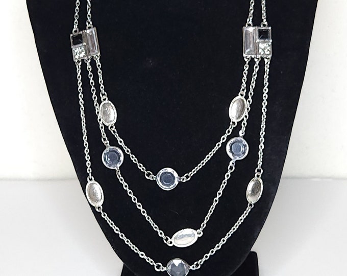 Vintage Silver Tone and Clear Bead Three Strand Necklace B-3-64