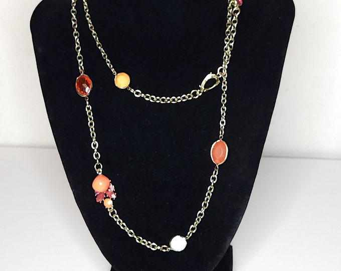 Vintage Gold Tone and Peach Colored Necklace and Earrings Set 38 Inch A-2-39