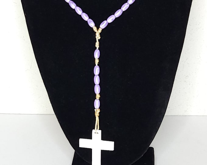 Vintage Purple Plastic Beaded Rosary Necklace with White Plastic Cross B-5-4