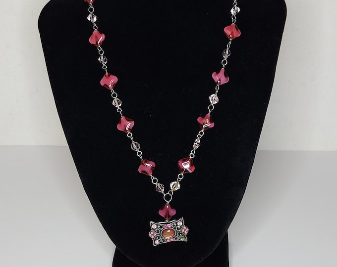Vintage Silver Tone and Pink Beaded Necklace with Rectangle Pendant A-6-72
