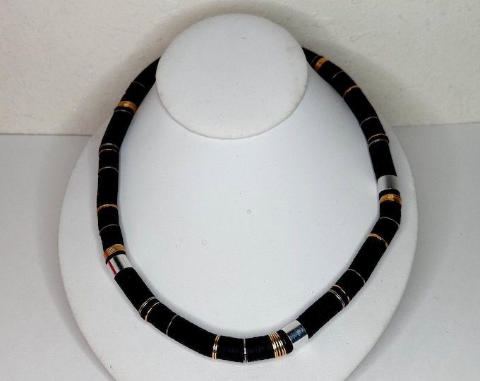 Vintage Heishi Disc Bead in Black, Silver Tone and Gold Tone Necklace D-3-62