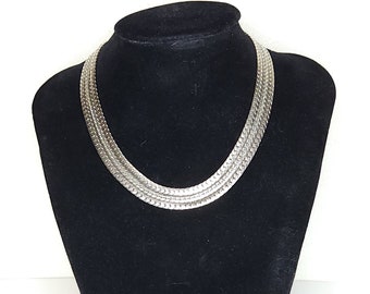 Vintage Silver Tone Three Strand Serpentine Chain Necklace A-9-59