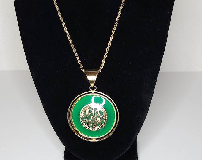 Vintage Gold Tone and Green Medallion Pendant Necklace with Monogram Design A-6-79