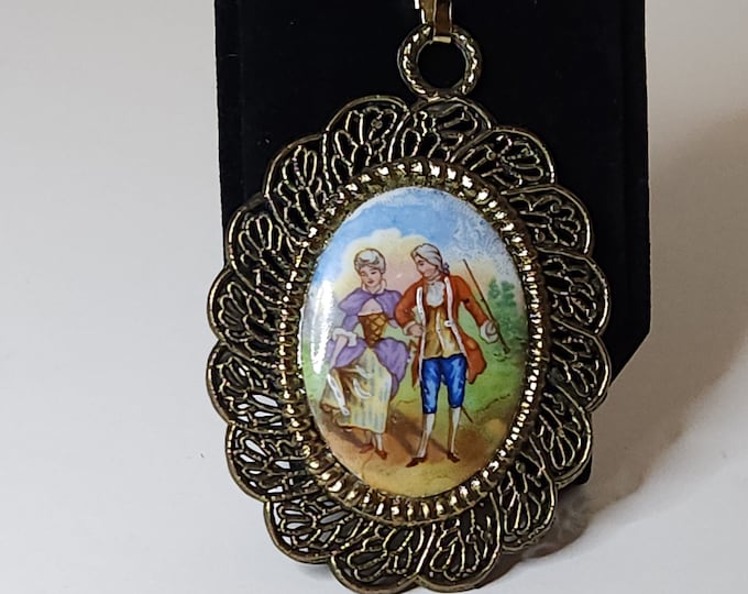 Vintage Limoges France Signed Hand Painted Pendant with Gold Tone Border A-1-41