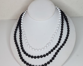 Vintage Set of Two Plastic Beaded Necklaces in Black and White D-4-69