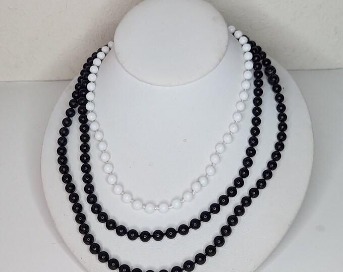 Vintage Set of Two Plastic Beaded Necklaces in Black and White D-4-69