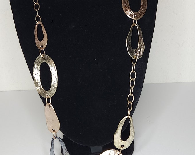 Vintage Chico's Signed Gold Tone Chain Necklace with Brushed Gold Tone, Copper Tone, and Gunmetal Tone Ovals B-2-24