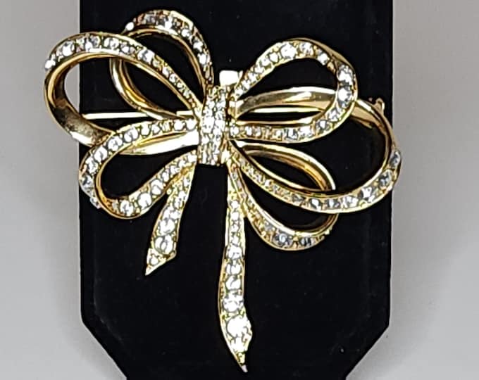 Vintage Kenneth Jay Lane for Avon Marked Gold Tone Bow with Clear Rhinestones Brooch Pin A-3-50-RRH