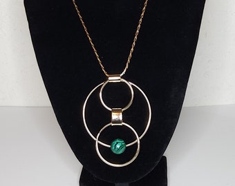 Vintage Alfani Signed NOS Gold Tone Rings with Stationed Imitation Malachite Pendant Necklace A-8-77