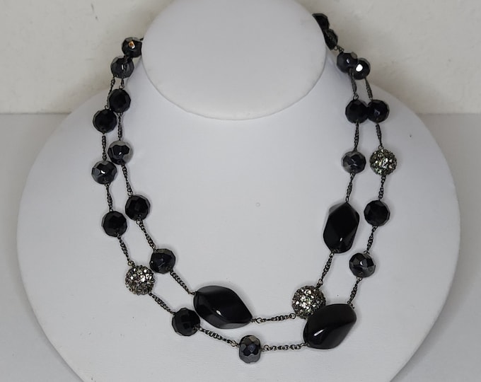 Vintage Two Strand Black and Gray Faceted Beaded Necklace with Rhinestone Balls and Smooth Black Oblong Beads B-4-50