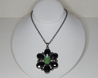 Vintage Gunmetal Tone Chain Necklace with Two Tone Green Faceted Rhinestone Flower Pendant B-1-20