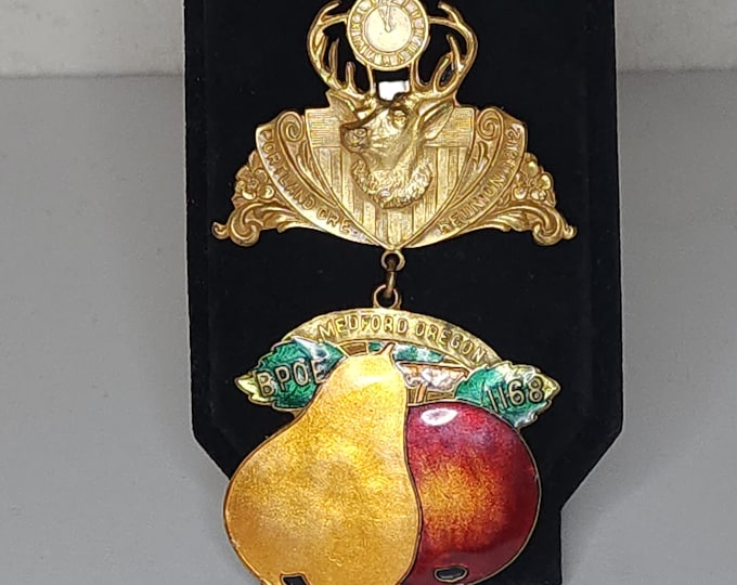 Antique Robbins Co Signed 1912 Portland Ore Reunion Medford Oregon BPOE Elks 1168 Stag, Clock and Fruit Brooch Pin B-5-80