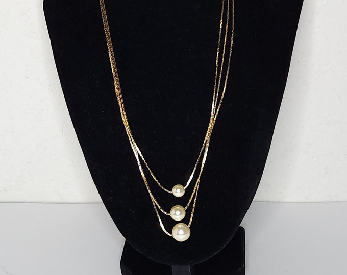 Vintage Three Strand Gold Tone Snake Chain with Graduated Faux Pearls Necklace C-8-10