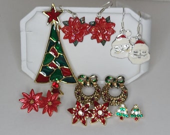 Vintage BJ Christmas Brooch and 6 Pair of Earrings Lot A-8-48