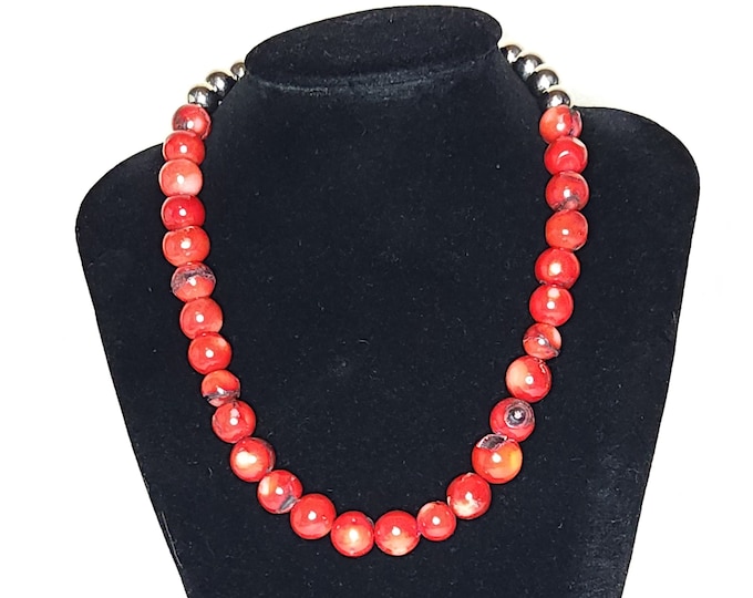 Vintage Real Coral and Silver Tone Beaded Necklace B-4-55