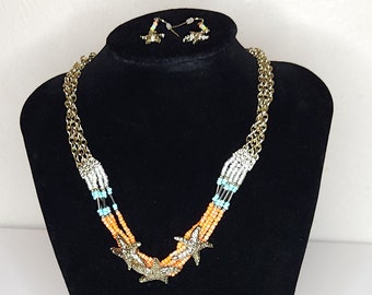 Vintage Gold Tone Starfish Beaded Necklace and Earrings Set 20 Inch A-2-35
