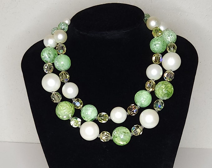Vintage Laguna Signed Plastic and Crystal Aurora Borealis Double Strand Seafoam Green Necklace 17 Inch A-6-20