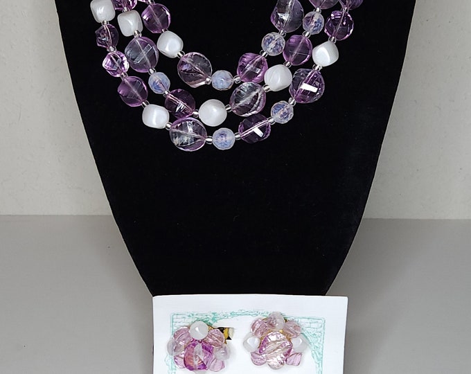 Vintage W Germany Midcentury Acrylic Three Strand Pink Beaded Necklace and Clip-On Earrings A-9-15