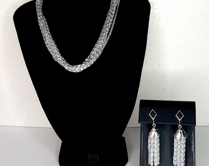 Vintage Celebrity Signed Silver Tone S Link Multistrand Chain Necklace and Sarah Coventry Signed Matching Clip-On Earrings D-3-86