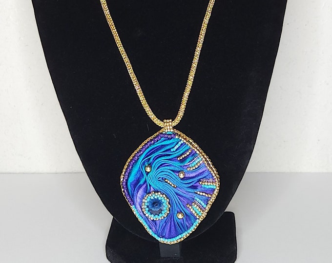 Vintage Purple and Teal Satin Fabric Pendant with Seed Bead Accents on Gold Tone Chain with SS Marking B-2-51
