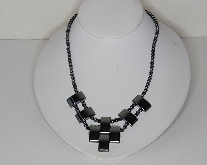 Vintage Hematite Rectangles and Round Ball Beaded Necklace C-9-38