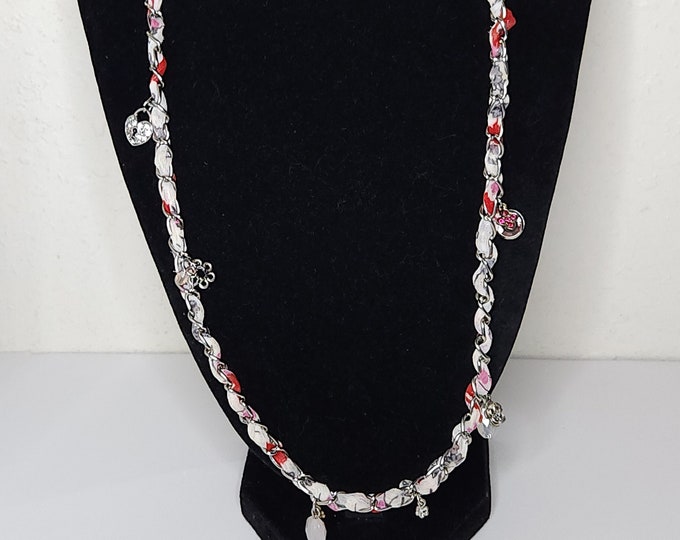 Vintage American Eagle Outfitters Signed Silver Tone Chain Necklace with White and Red Fabric and Dangle Charms D-2-51