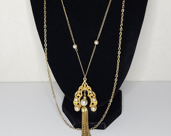 Vintage Persian Style Gold Tone Two Strand Necklace and Pendant with Tassel and Faux Pearl Accents D-1-68