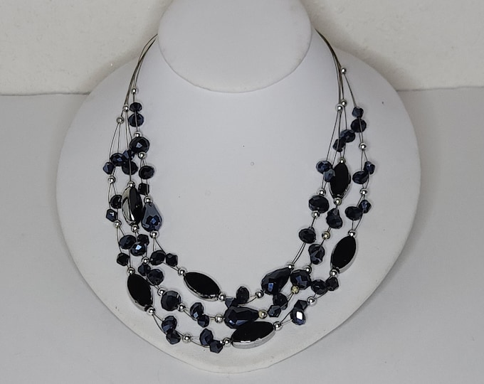 Vintage Three Strand Wire Necklace with Dark Blue Faceted Plastic Beads and Silver Tone and Black Oval Beads C-9-8