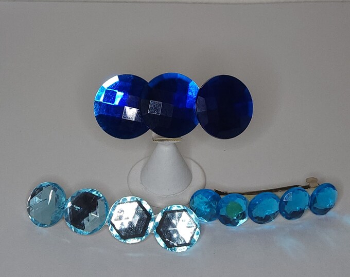 Vintage Set of Three Blue Faceted Flat Back Plastic Gems Hair Barrette / Clips D-2-68