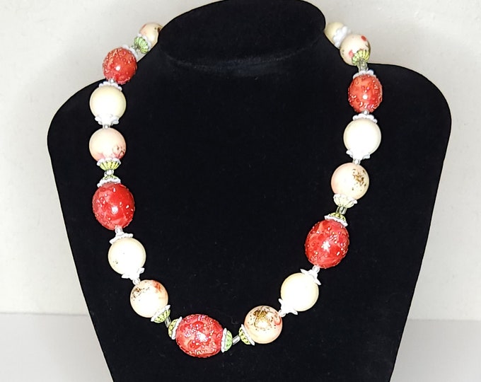 Vintage Pegasus Coro Signed Enameled Lucite Fruity Necklace with Sugared Beads 17 Inch A-6-21