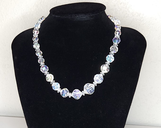 Vintage Laguna Signed Clear Faceted Aurora Borealis Bead Necklace 16 Inch A-2-60
