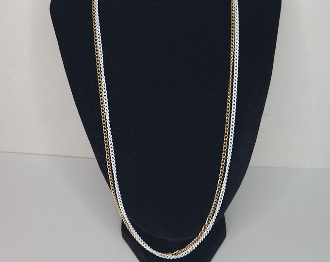 Vintage Two Strand Gold Tone and White Enamel Curb Chains Necklace D-3-11