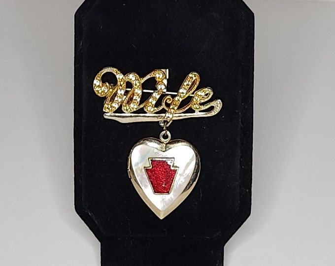 Vintage Gold Tone Wife Brooch Pin with Mother Of Pearl Heart Locket Dangle with Red Keystone State Logo B-1-68