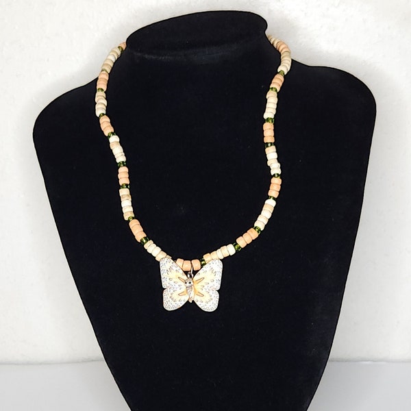 Vintage Peach and Translucent Yellow Beaded Necklace with Butterfly Pendant B-3-89