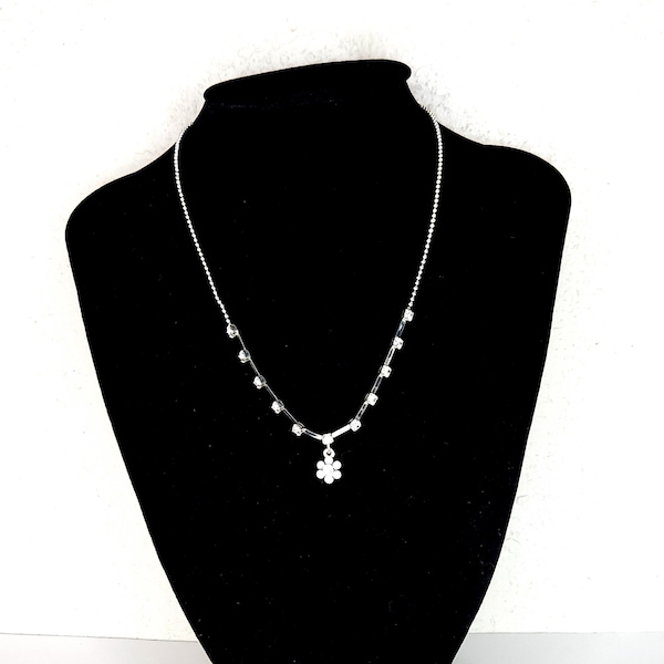 Vintage Silver Tone and Clear Rhinestone Flower Pendant on Ball Chain Necklace D-3-76