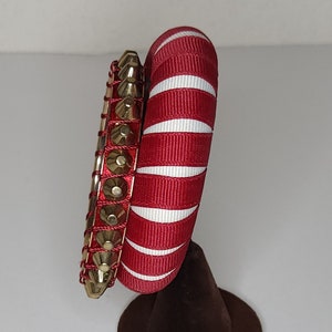 Vintage Gold Tone Studded Red Ribbon Bangle and White and Red Ribbon Wrapped Gameday Bangle B-2-66