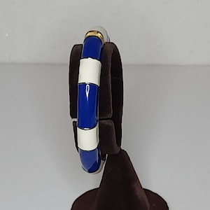 Vintage J Crew Marked Gold Tone Hinged Bangle with Navy and Cream Enamel Stripes A-5-31