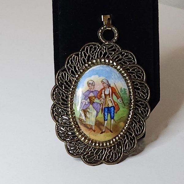 Vintage Limoges France Signed Hand Painted Pendant with Gold Tone Border A-1-41