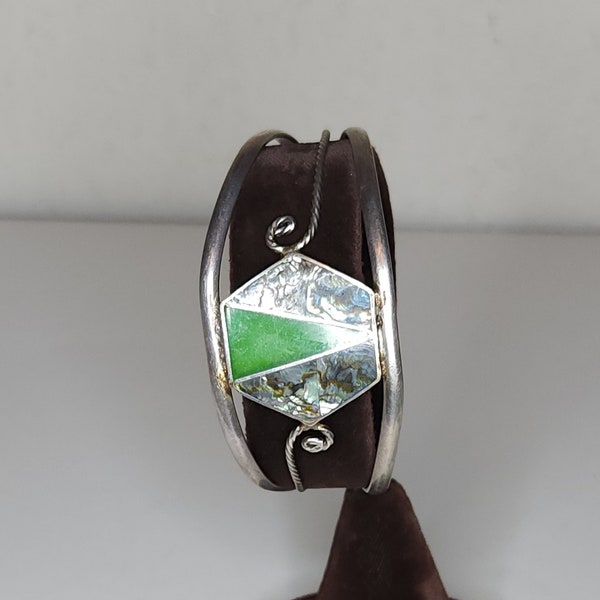 Vintage Alpaca Mexico Marked Silver Tone 6" Cuff Bracelet with Abalone and Green Acrylic with Gold Flecks A-3-16