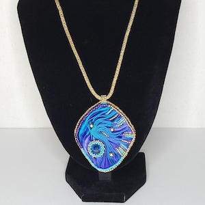 Vintage Purple and Teal Satin Fabric Pendant with Seed Bead Accents on Gold Tone Chain with SS Marking B-2-51