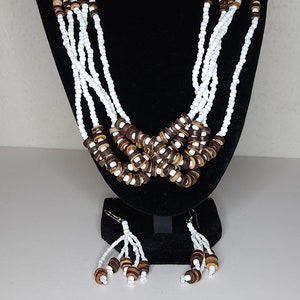 Vintage White and Brown Beaded Necklace and Earrings Set 25 Inch A-3-46-RRH