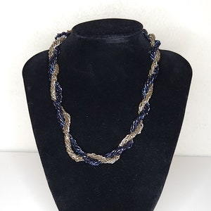 Vintage Beaded Blue and Silver Twisted Necklace 17 Inch A-1-24