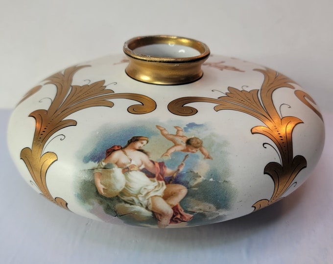 Early 1900's Art Nouveau Pope Gosser Clarus Ware Pancake Squat Vase Maiden Goddess Cherub Putti Vase