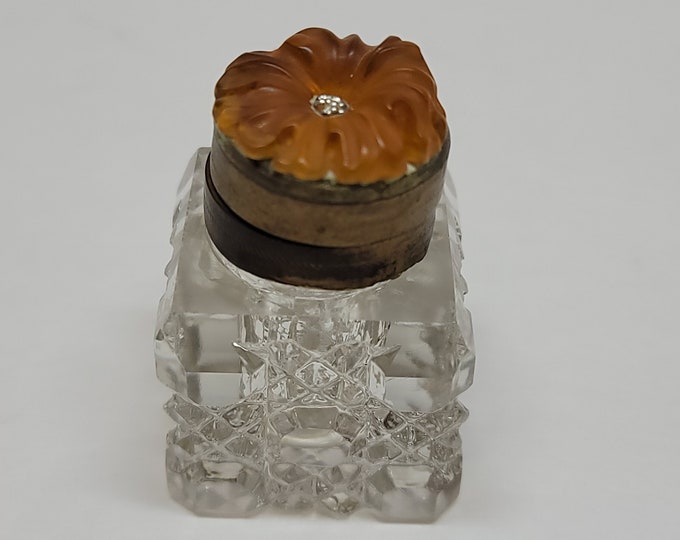 Antique Cut Crystal Small Inkwell Pot with Plastic Flower Lid