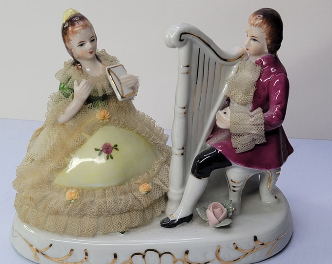 Vintage Dresden Style Porcelain Lace Courting Couple Harp Musician Figurine