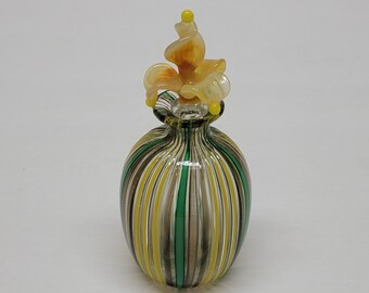 Vintage Murano Glass Green Yellow Aventurine Ribbon Stripe w/Flower Dauber Perfume Scent Bottle