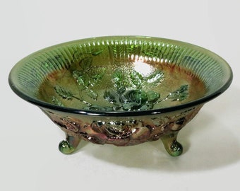 ca. 1950-70 Imperial Glass Open Rose Helios Green Carnival Glass 8" Bowl