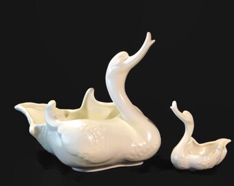 Pair of Vintage Mid Century Ceramic Swan Planters with Gold Flecked Paint on Ivory measuring 6.5 x 4 x 5 ~ Mid Century Modern Decor ~